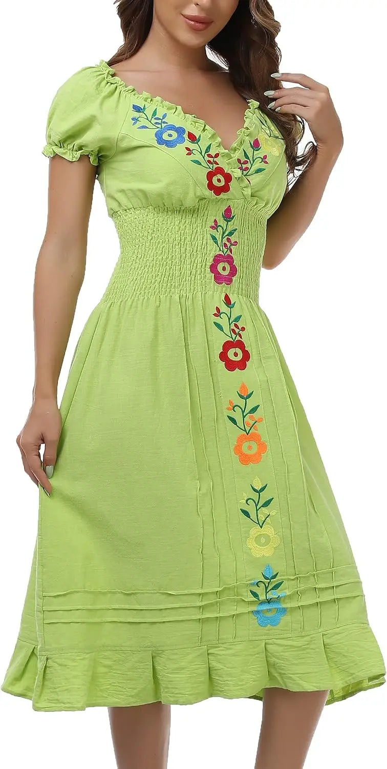 Women Mexican Embroidered Casual Dress Summer Ruffle V Neck Short Sleeves