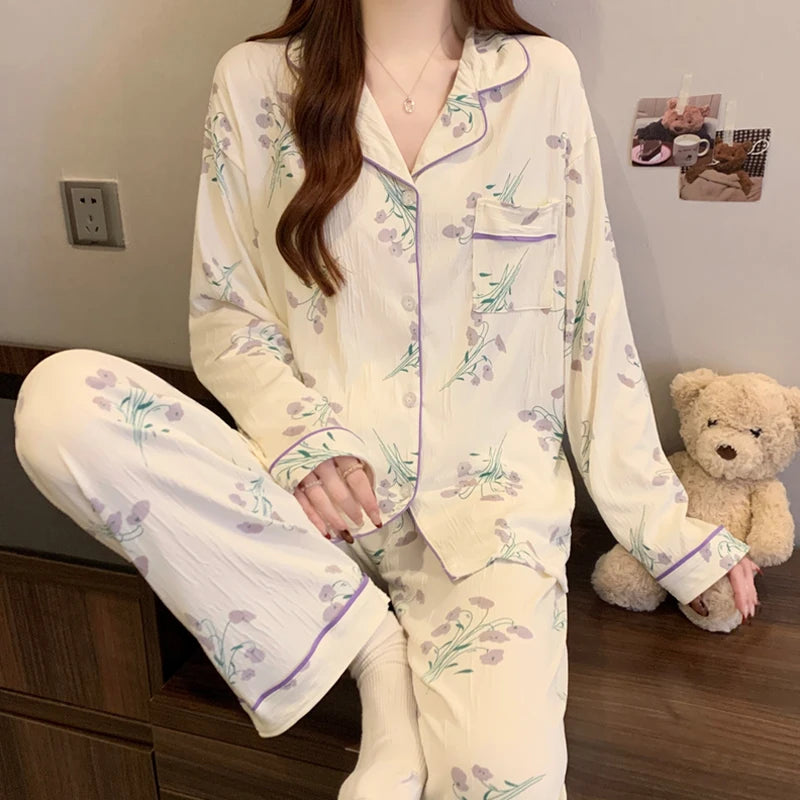 Pink Bow Dtie Design Pajamas for Women Long Sleeve Top & Elastic Waist Pants Pajamas Set Harajuku Style Casual New Home Wear