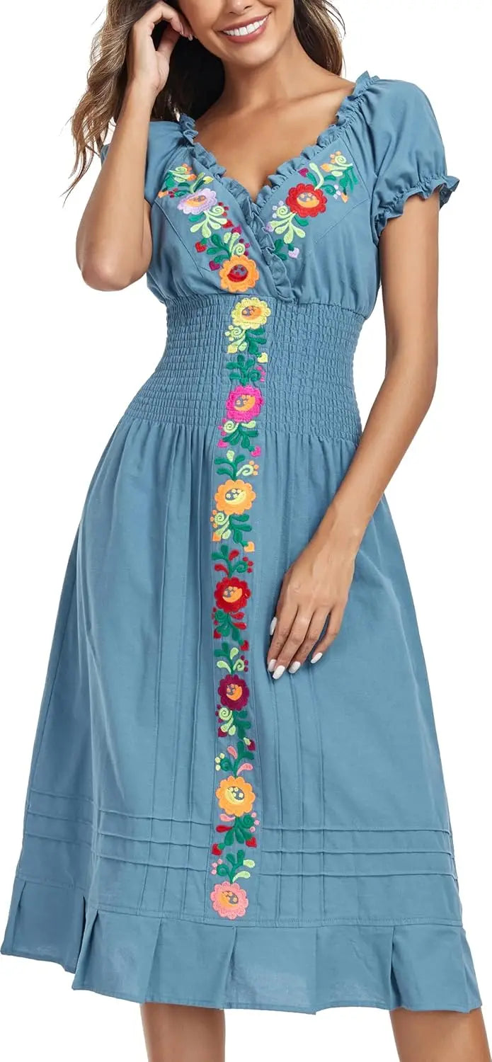 Women Mexican Embroidered Casual Dress Summer Ruffle V Neck Short Sleeves