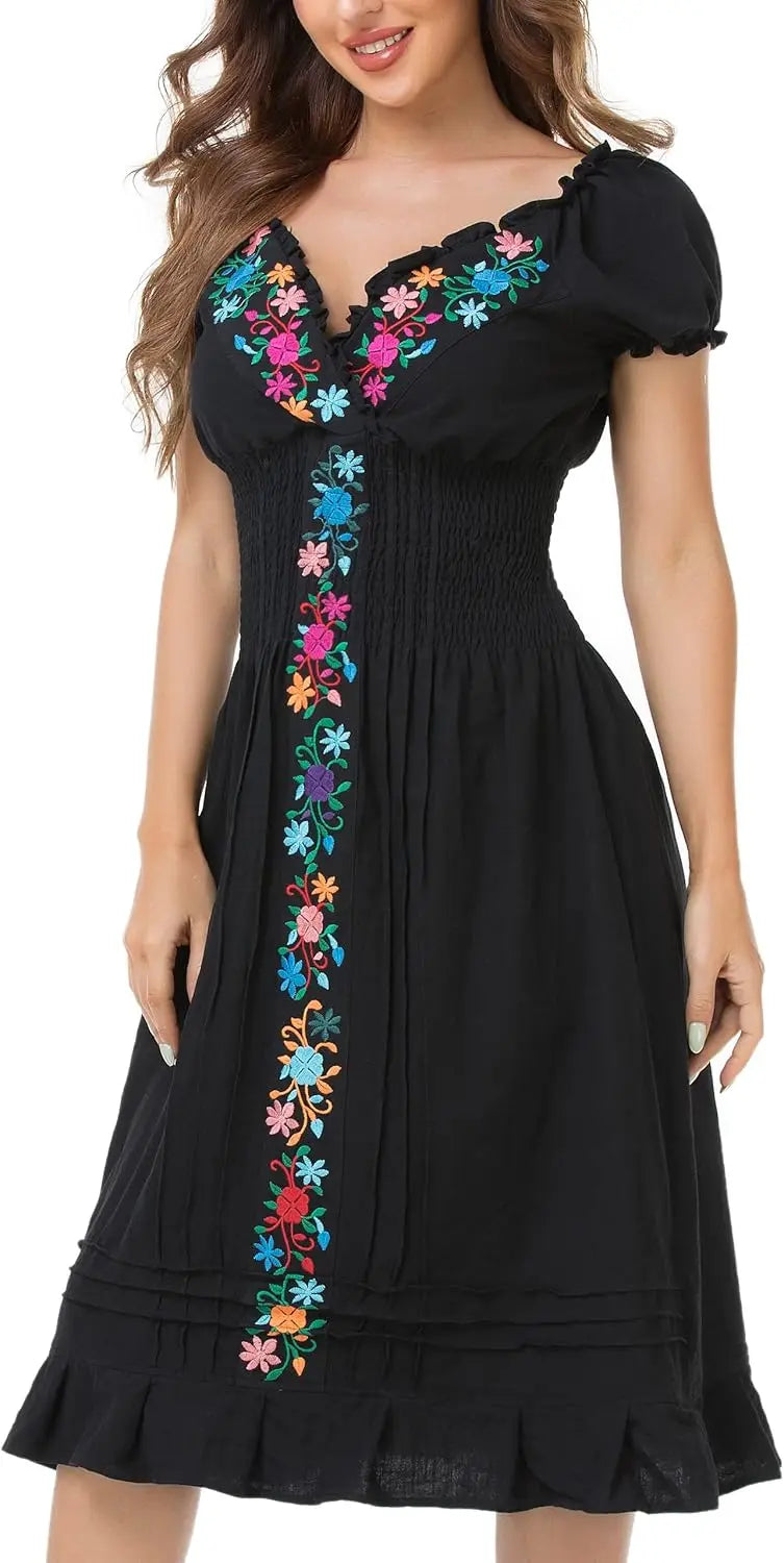 Women Mexican Embroidered Casual Dress Summer Ruffle V Neck Short Sleeves