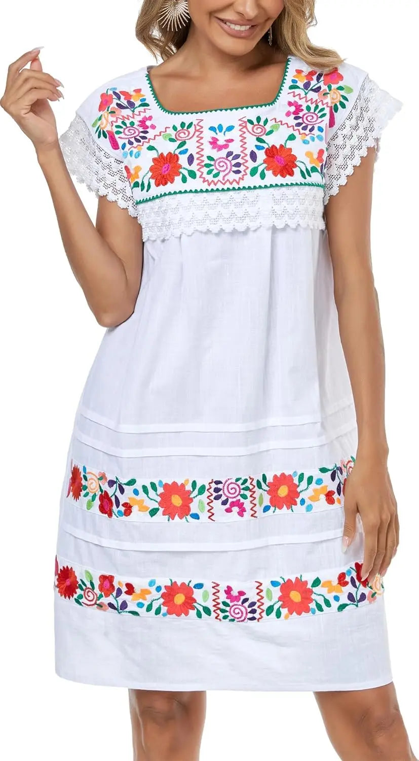 Women Embroidered Mexican Peasent Lace Short Sleeves Dress