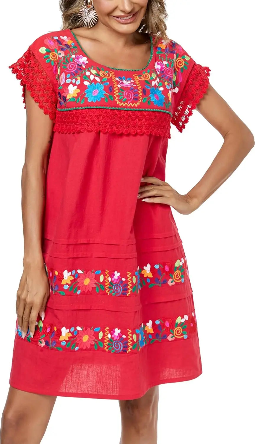 Women Embroidered Mexican Peasent Lace Short Sleeves Dress