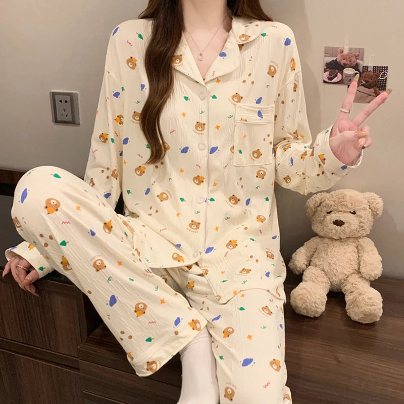 Pink Bow Dtie Design Pajamas for Women Long Sleeve Top & Elastic Waist Pants Pajamas Set Harajuku Style Casual New Home Wear