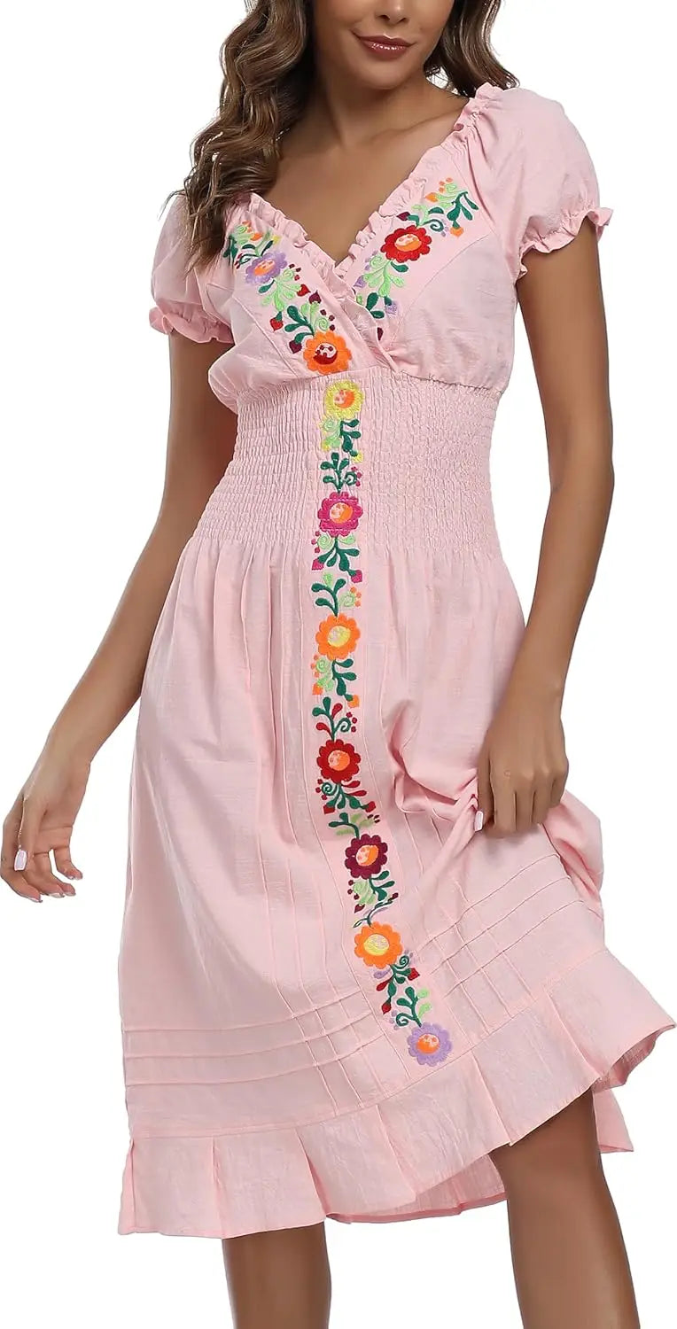 Women Mexican Embroidered Casual Dress Summer Ruffle V Neck Short Sleeves