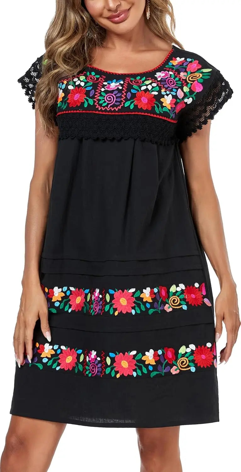 Women Embroidered Mexican Peasent Lace Short Sleeves Dress