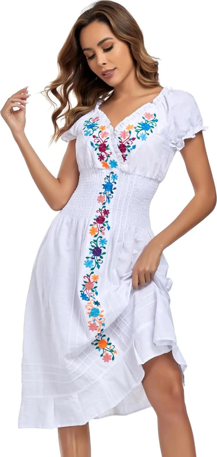 Women Mexican Embroidered Casual Dress Summer Ruffle V Neck Short Sleeves