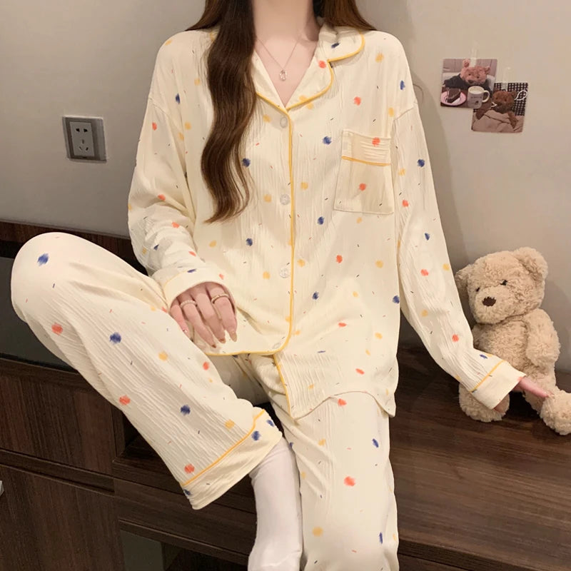 Pink Bow Dtie Design Pajamas for Women Long Sleeve Top & Elastic Waist Pants Pajamas Set Harajuku Style Casual New Home Wear