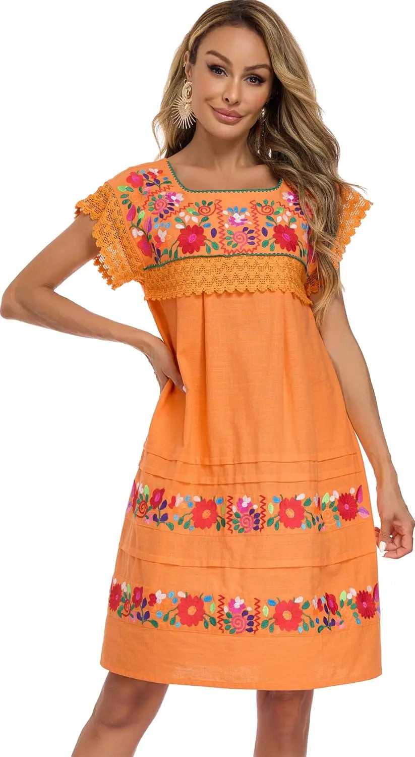 Women Embroidered Mexican Peasent Lace Short Sleeves Dress
