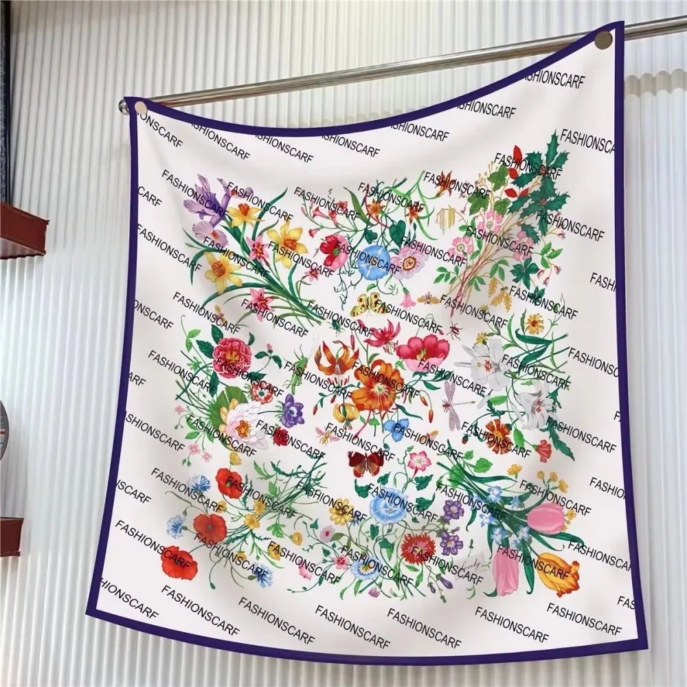 Silk Scarf Women Floral Printed Square Scarves Head Echarpes Silk Foulards Femme Wraps Beach Shawls Bandana Lady Hijabs 90CM