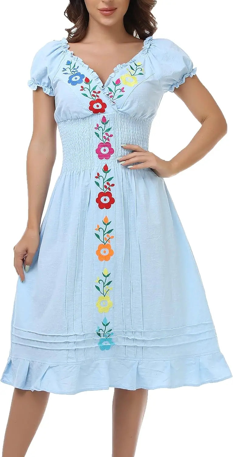 Women Mexican Embroidered Casual Dress Summer Ruffle V Neck Short Sleeves