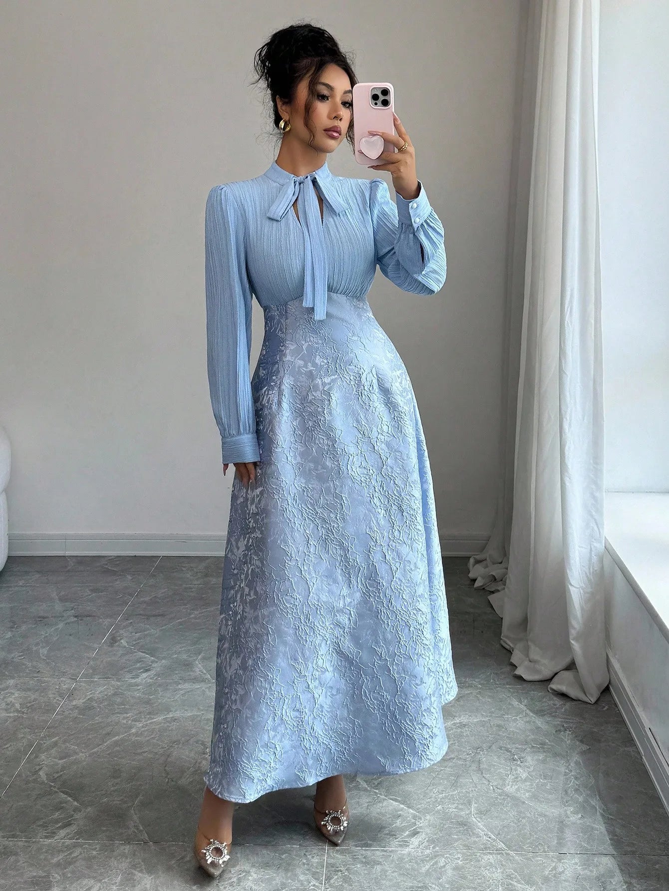 Elegant Light Blue A-Line Long Sleeve Dress with Bow Neck and Jacquard Skirt