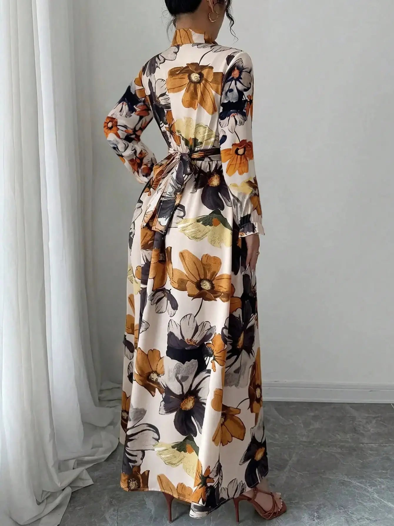 Elegant Floral Print Wrap Front Button Belted Maxi Dress for Autumn Occasions