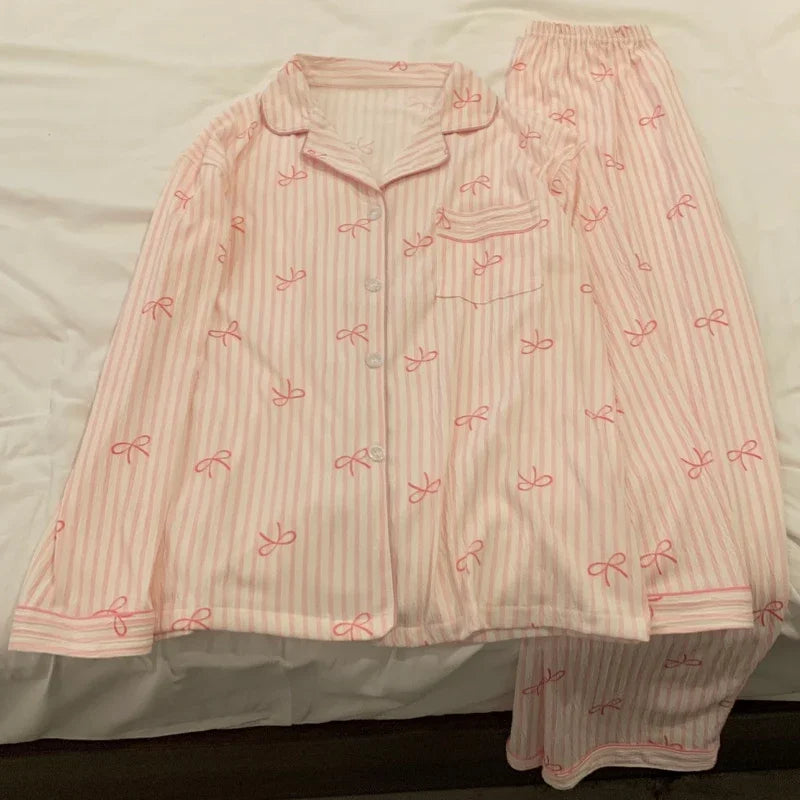 Pink Bow Dtie Design Pajamas for Women Long Sleeve Top & Elastic Waist Pants Pajamas Set Harajuku Style Casual New Home Wear