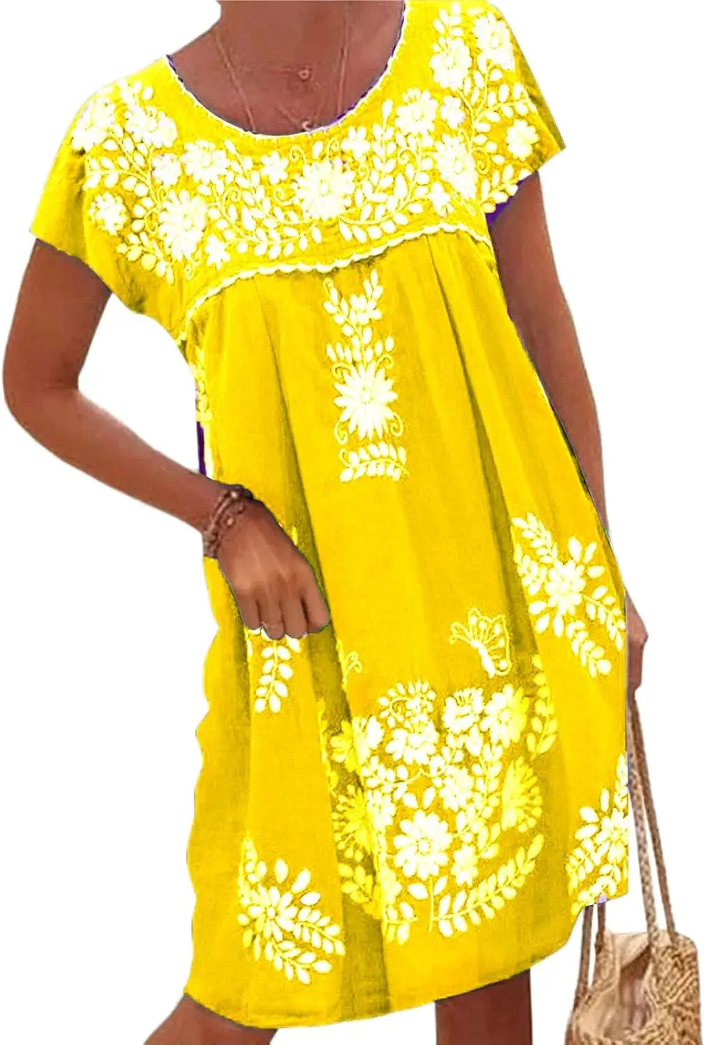Mexican Dress for Women Short Sleeve Floral Embroidered Fiesta Dress Loose Linen Peasant Dresses