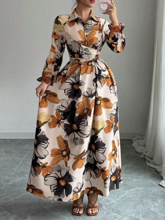 Elegant Floral Print Wrap Front Button Belted Maxi Dress for Autumn Occasions