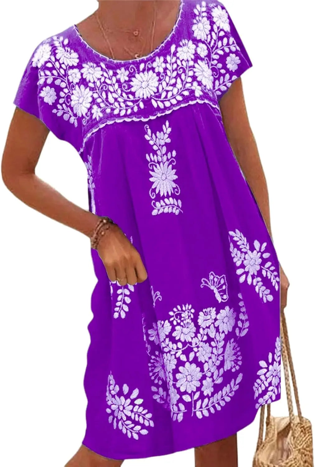 Mexican Dress for Women Short Sleeve Floral Embroidered Fiesta Dress Loose Linen Peasant Dresses