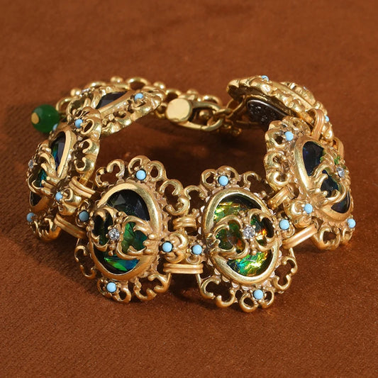 Vintage Green Opal Bracelet Natural Stone For Women Accessories Retro Jewelry Antique Gold Color Hollow Flower High Quality