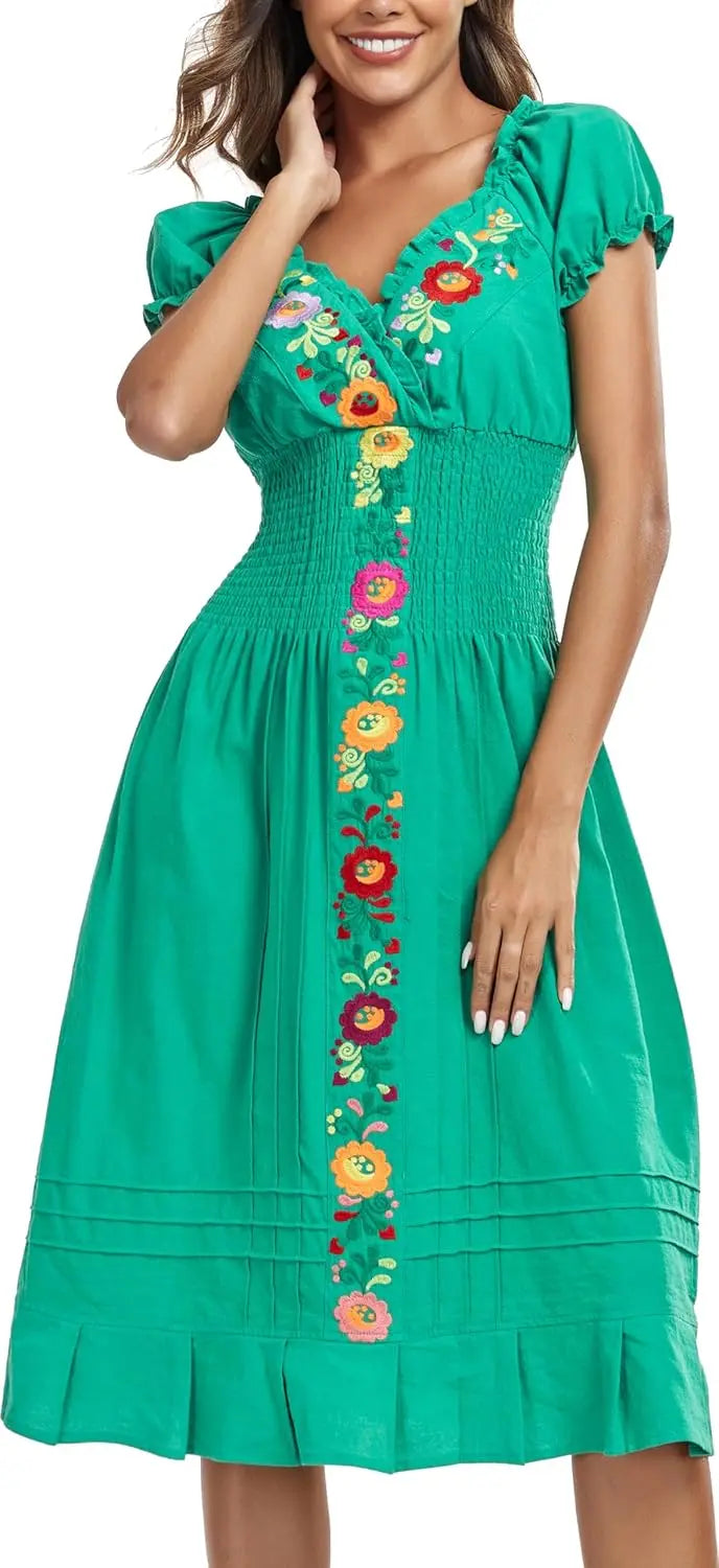 Women Mexican Embroidered Casual Dress Summer Ruffle V Neck Short Sleeves
