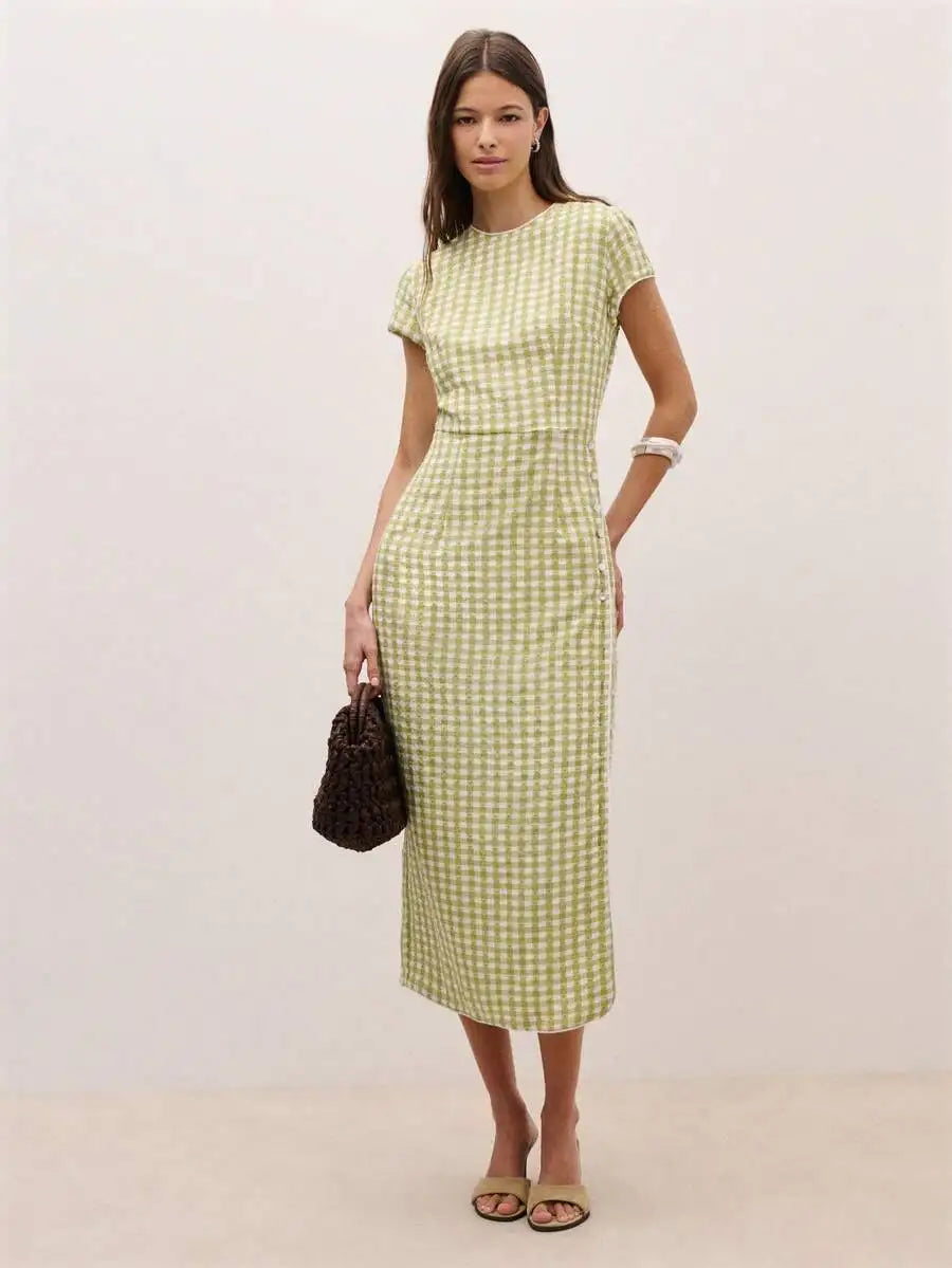 Light Green Gingham Midi Dress With Short Sleeves And Side Buttons