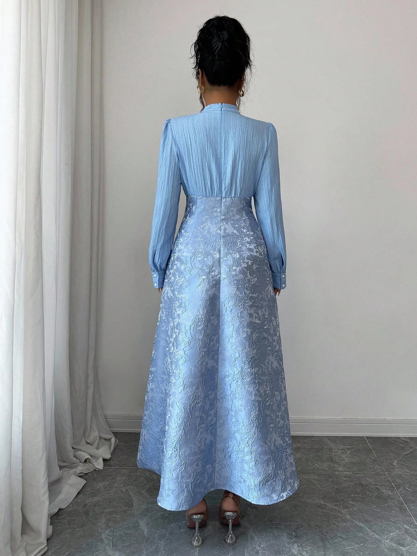 Elegant Light Blue A-Line Long Sleeve Dress with Bow Neck and Jacquard Skirt
