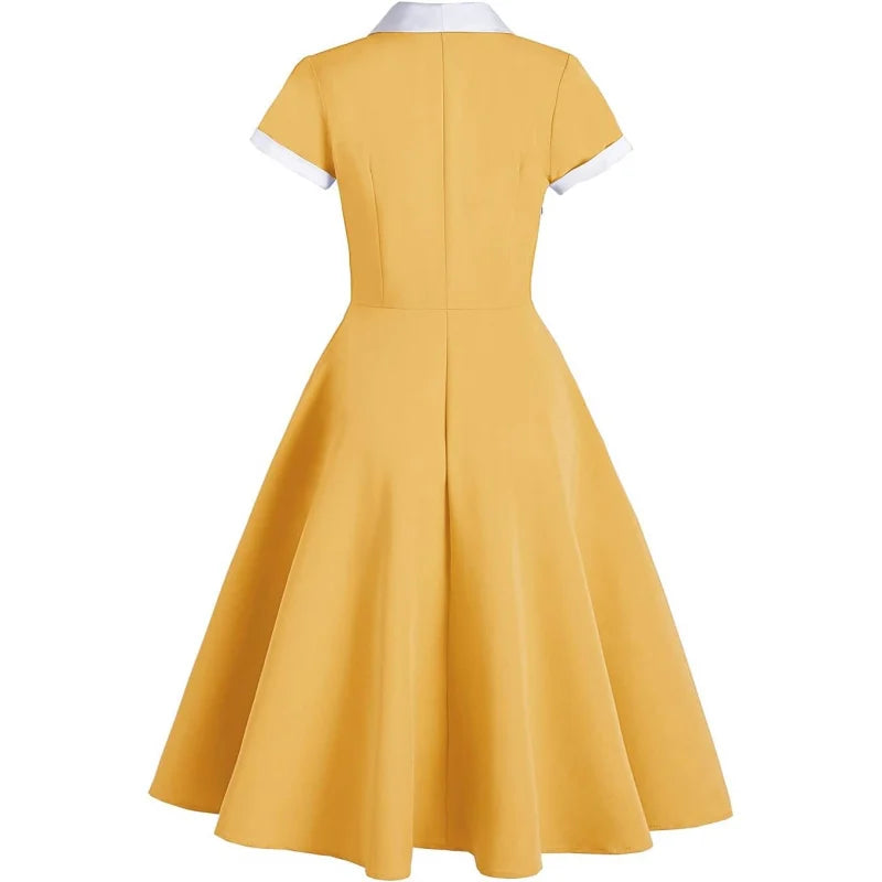 Women 50s 60s Vintage Short Sleeve V-Neck Cocktail Swing Dress