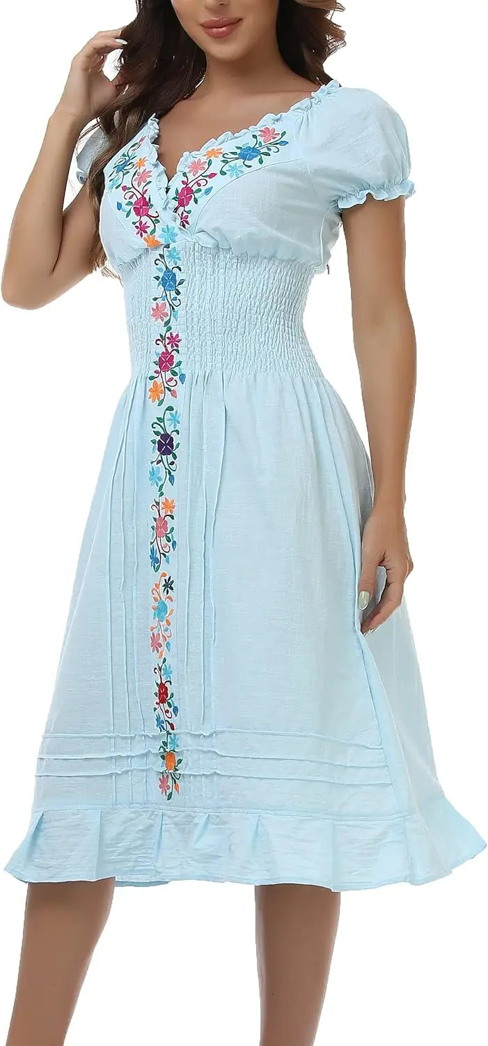 Women Mexican Embroidered Casual Dress Summer Ruffle V Neck Short Sleeves