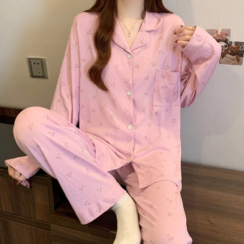 Pink Bow Dtie Design Pajamas for Women Long Sleeve Top & Elastic Waist Pants Pajamas Set Harajuku Style Casual New Home Wear