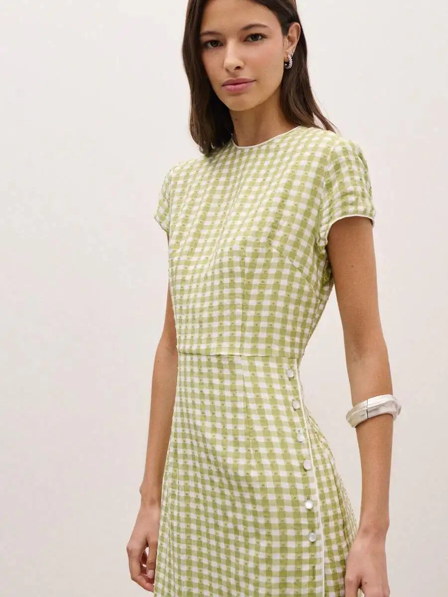 Light Green Gingham Midi Dress With Short Sleeves And Side Buttons