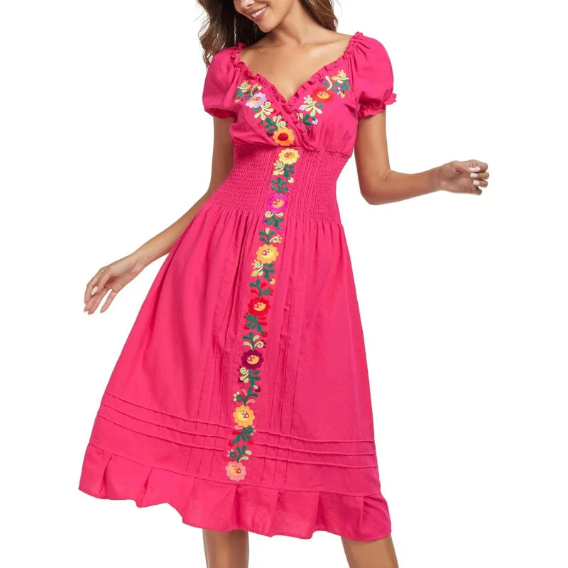 Women Mexican Embroidered Casual Dress Summer Ruffle V Neck Short Sleeves